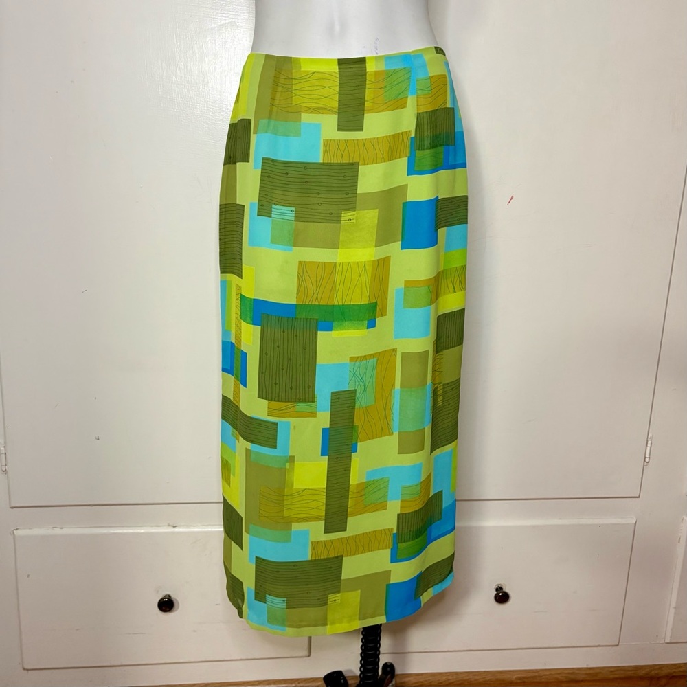 Vintage 90s Clio Green Blue Funky Geometric Midi Skirt